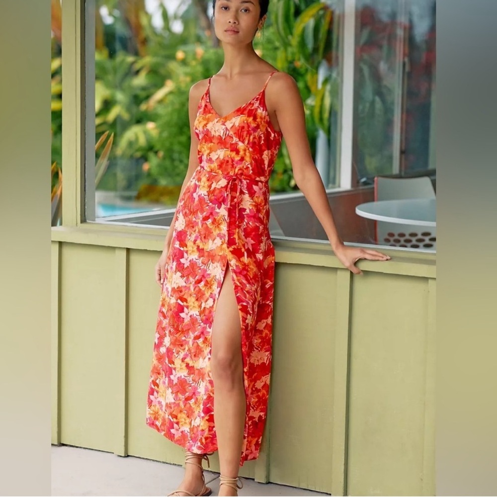 I*Space Harper Tropical Floral Maxi Slip Dress with Fabric Belt & High Split Lg